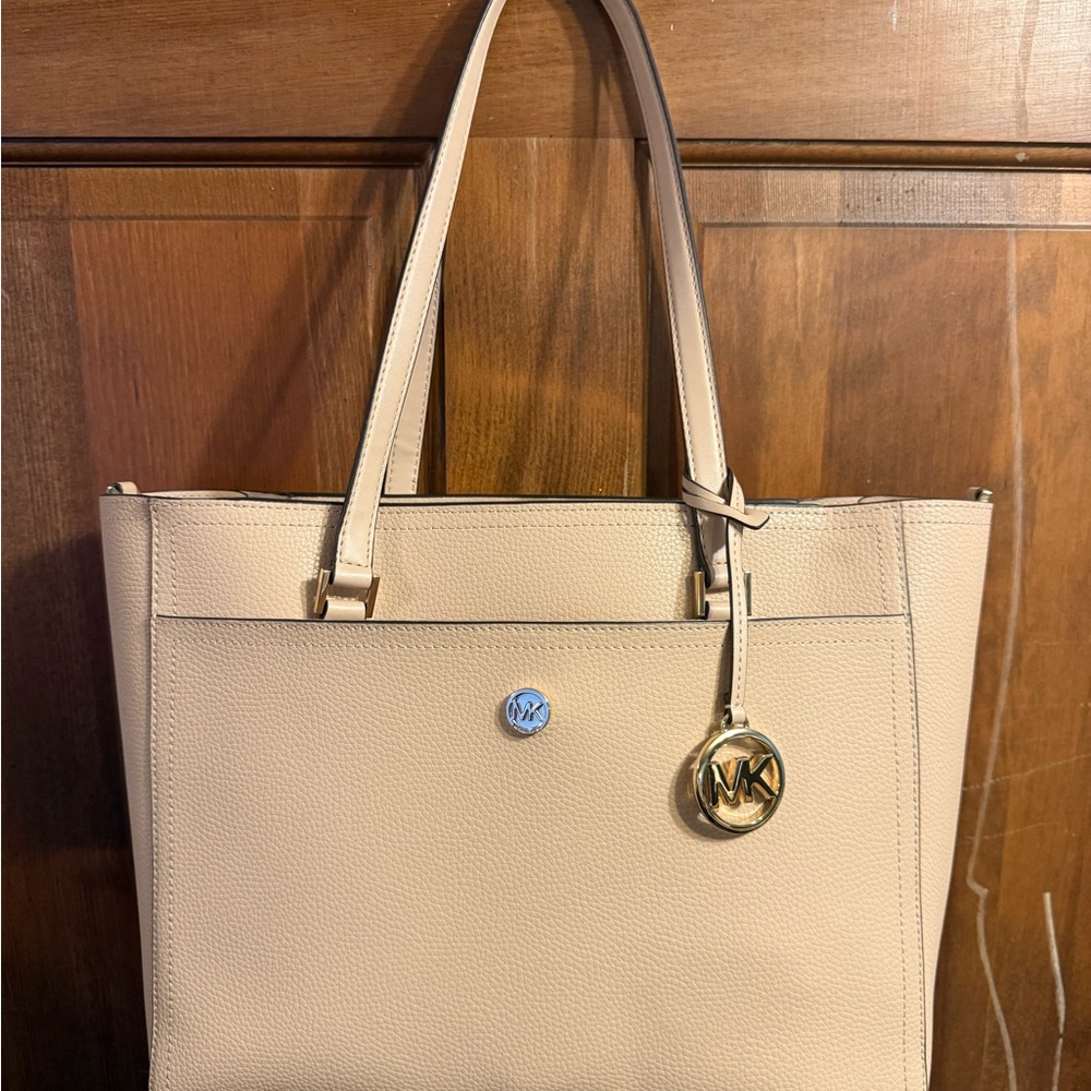 Michael Kors Cream Pebbled Leather Tote with Gold MK Charm